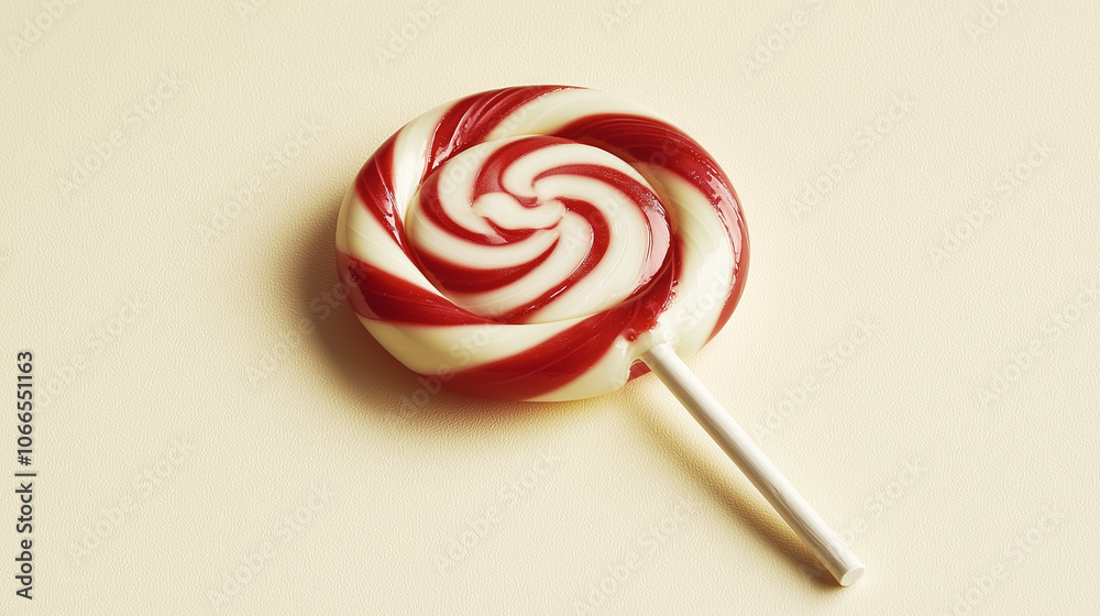 Red and White Swirled Lollipop on Textured Beige Background Red and White Swirled Lollipop on Textured Beige Background