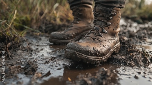 Mud-Covered Hiking Boots in a Waterlogged Trail