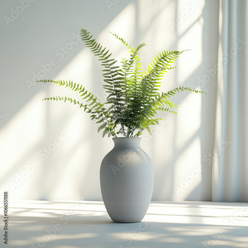 Fern branches in a vase on the floor in the sunlight from the window, isolated on a white background. Stylish composition for interior decor, illustration, creative template for a postcard, print on f