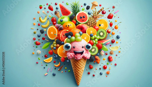 A colorful, playful arrangement of fruits and ice cream with animated faces, bursting with joy and vibrant colors, symbolizing fun and summer freshness