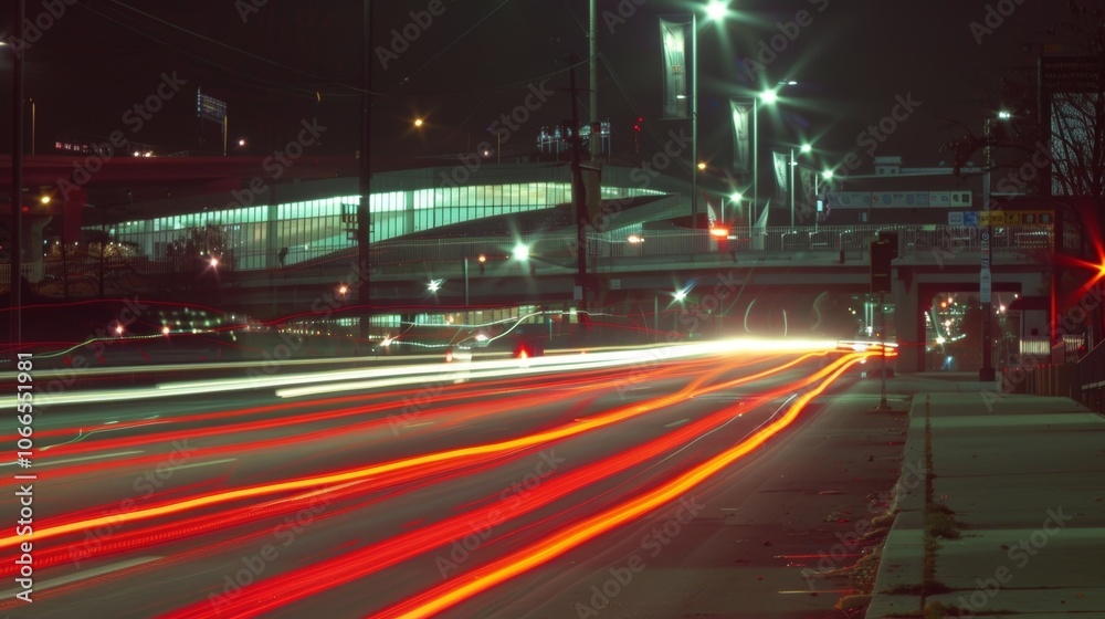 Car light trails mimic the movements of a game in progress as fans hurry to catch the action inside the stadium. Car light trails mimic the movements of a game in progress as fans hurry to catch the action inside the stadium.