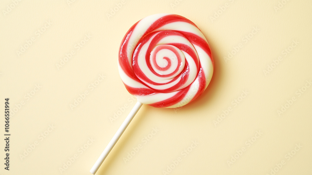 Red and White Swirled Lollipop on Textured Beige Background Red and White Swirled Lollipop on Textured Beige Background