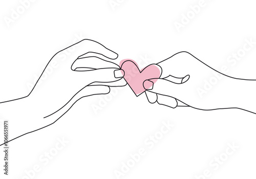 Continuous One Line Drawing of Hands Holds of Heart. Vector One Line Illustration Concept for Valentine`s Day. Love Symbol Trendy Black Sketch Isolated on White Background. Heart in Hands