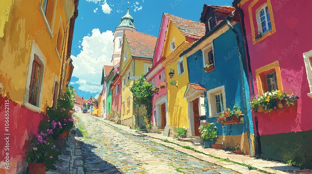 Fototapeta premium Charming Old Town Road with Colorful Houses