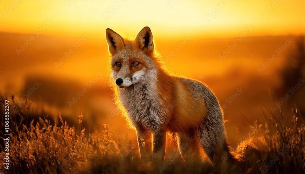 Naklejka premium a fox standing in a sunlit clearing in a forest, with the golden hour light casting a warm glow on its fur and the surrounding foliage, creating a serene and natural scene, with copy space for text