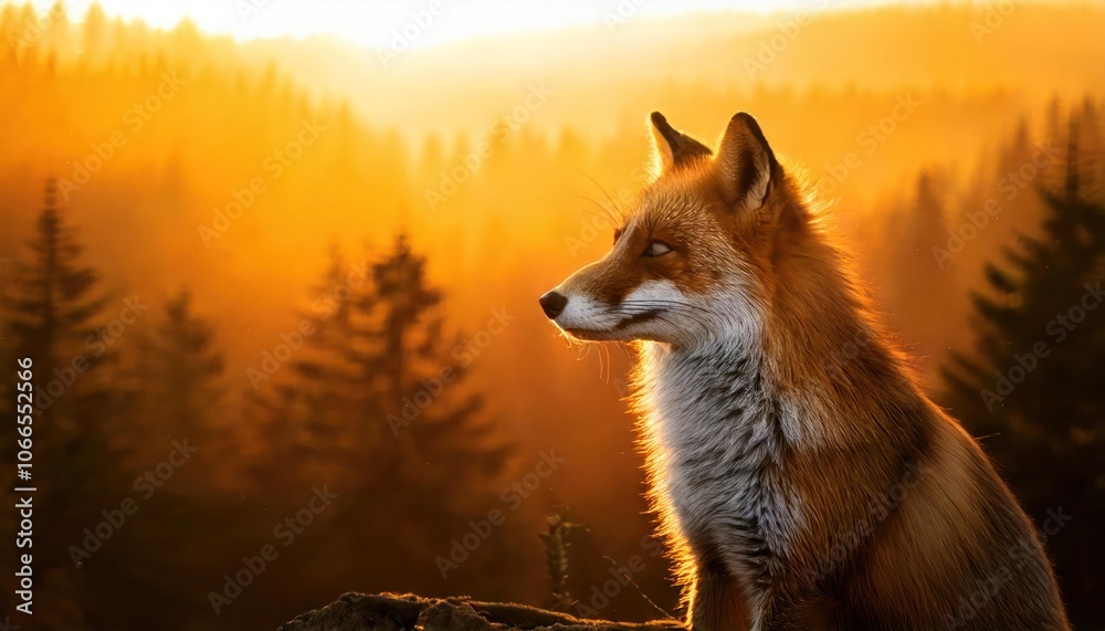 Naklejka premium a fox standing in a sunlit clearing in a forest, with the golden hour light casting a warm glow on its fur and the surrounding foliage, creating a serene and natural scene, with copy space for text