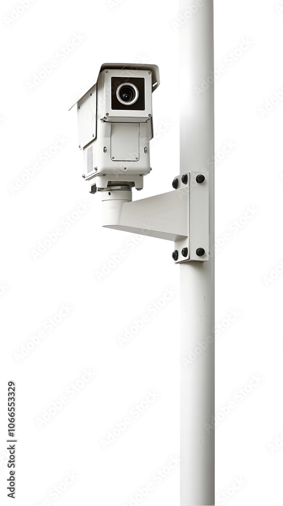 A security camera mounted on a metal pole isolated on white background A security camera mounted on a metal pole isolated on white background