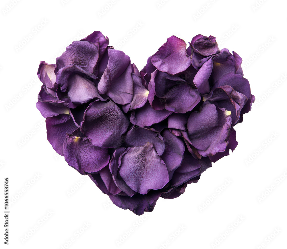 Heart-shaped arrangement of purple flower petals, romantic floral decoration, isolated on transparent background Heart-shaped arrangement of purple flower petals, romantic floral decoration, isolated on transparent background