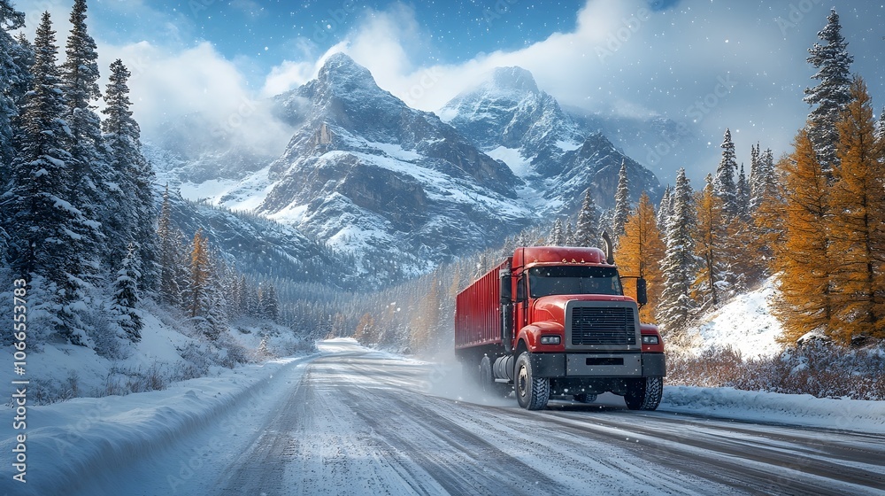 a rugged truck driving along a snowy mountain road, framed by dramatic peaks and a wintery sky, snowflakes gently fall. truck on snowy mountain road a rugged truck driving along a snowy mountain road, framed by dramatic peaks and a wintery sky, snowflakes gently fall. truck on snowy mountain road