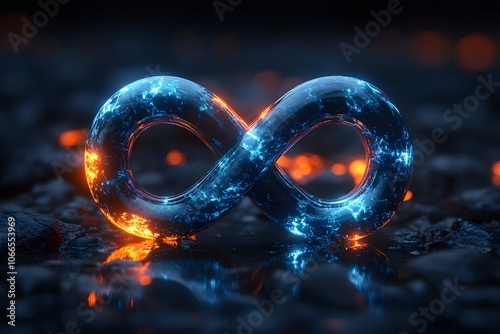 a neon blue infinity symbol glowing on a dark reflective surface with subtle textures. glowing blue infinity symbol on reflective surface photo