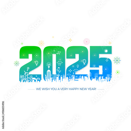 New year 2025 with futuristic green eco smart city skyline background.