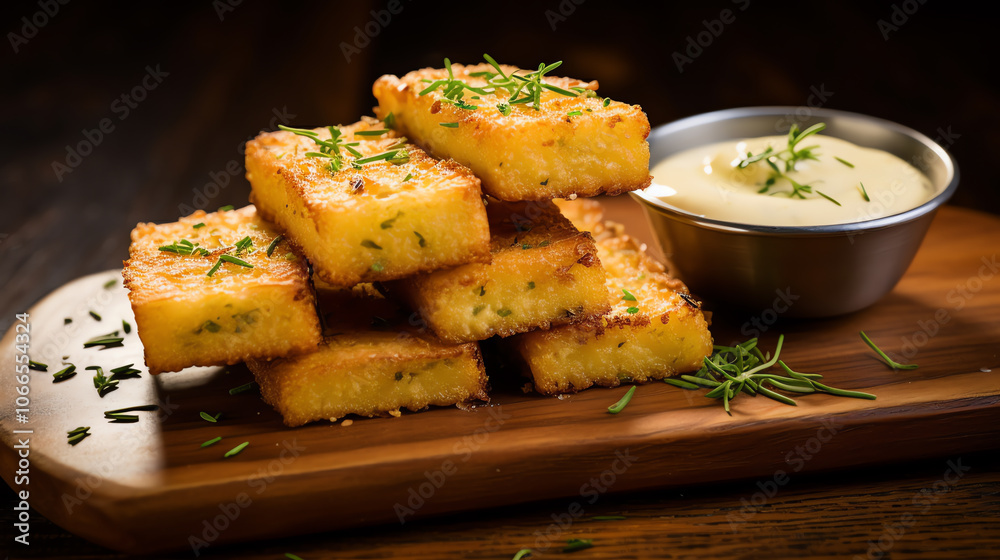 Golden polenta fries with herb dipping sauce Golden polenta fries with herb dipping sauce