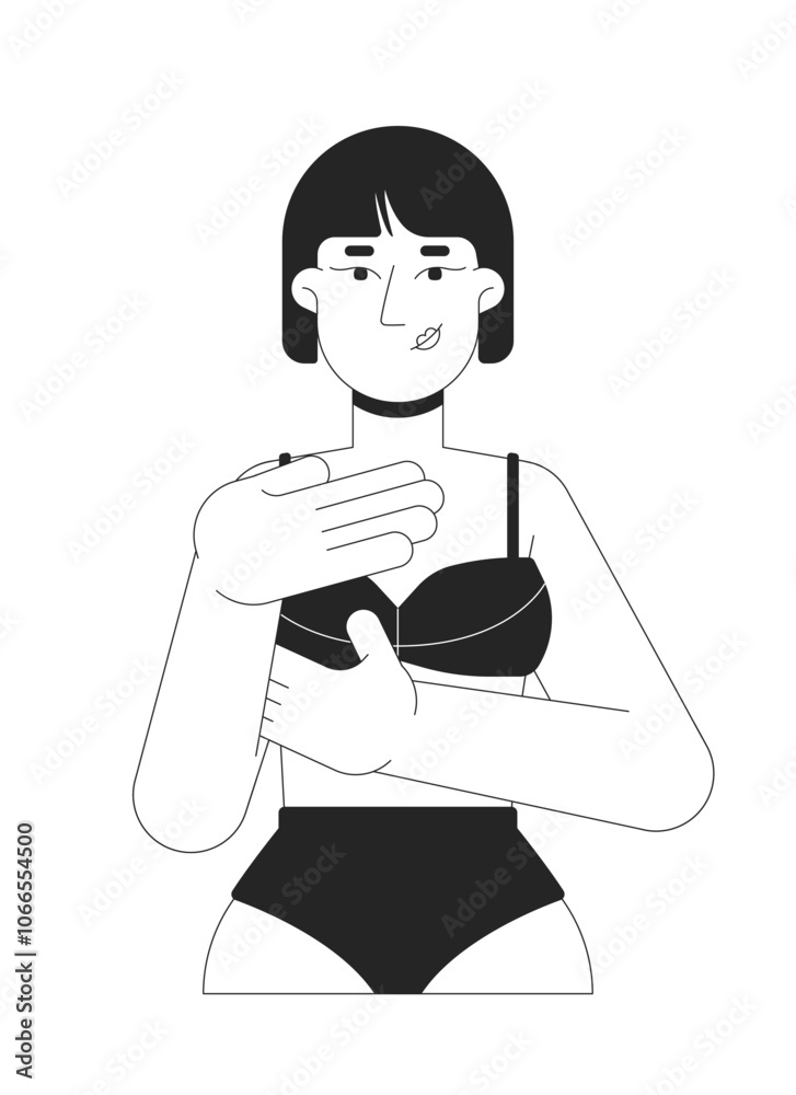 Korean woman in brassier examining breast black and white 2D line character. Mastopathy detection. Asian-american female touching chest isolated vector outline person. Monochrome spot illustration Korean woman in brassier examining breast black and white 2D line character. Mastopathy detection. Asian-american female touching chest isolated vector outline person. Monochrome spot illustration