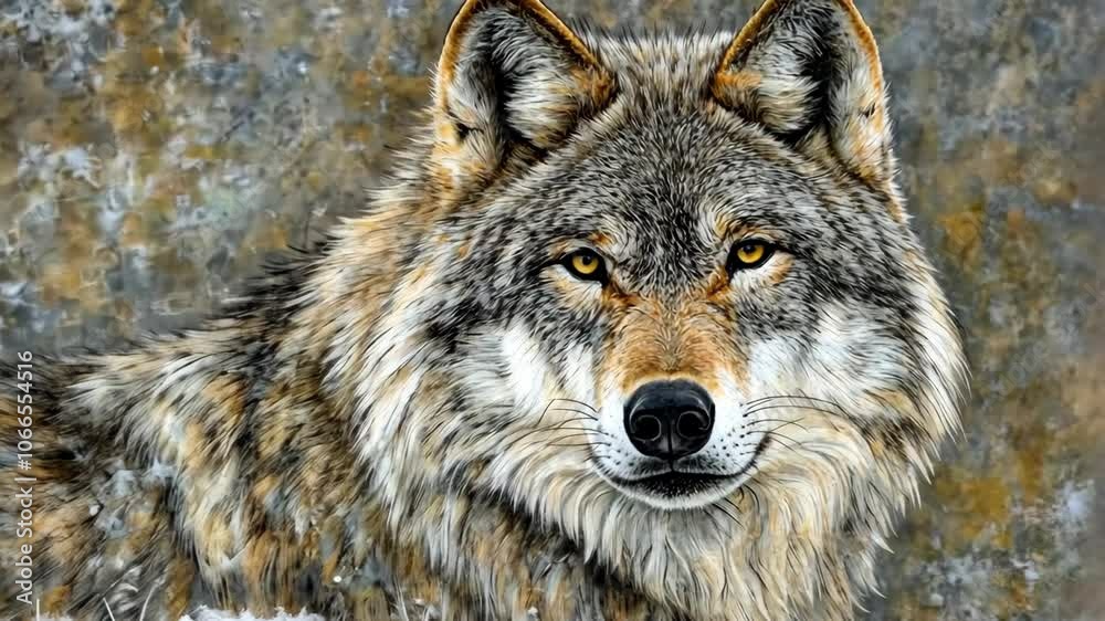 A gray wolf stares intently at the camera in a snowy forest A gray wolf stares intently at the camera in a snowy forest
