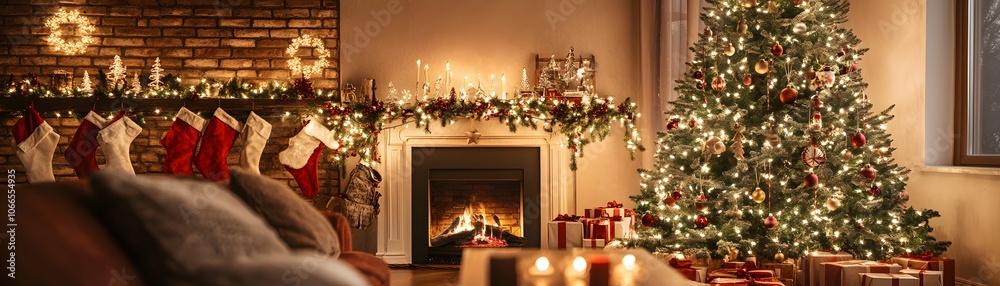 Cozy Christmas Living Room with Fireplace and Decorated Tree Cozy Christmas Living Room with Fireplace and Decorated Tree