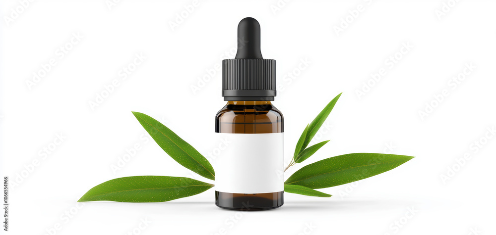 Bottle of essential oil with dropper top and label isolated on white 3D illustration, isolated on white background Bottle of essential oil with dropper top and label isolated on white 3D illustration, isolated on white background