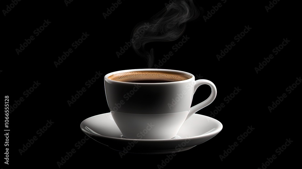 A steaming cup of coffee on a saucer against a black background. A steaming cup of coffee on a saucer against a black background.