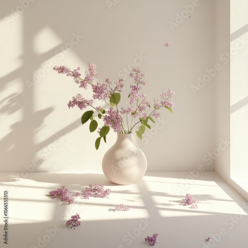 Lilac branches in a vase on the floor in the sunlight from the window, isolated on a white background. Stylish composition for interior decor, illustration, creative template for a postcard, print on 