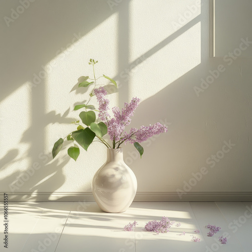 Lilac branches in a vase on the floor in the sunlight from the window, isolated on a white background. Stylish composition for interior decor, illustration, creative template for a postcard, print on 