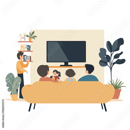 Family watching tv in living room. Flat style vector illustration. Family watching tv. 