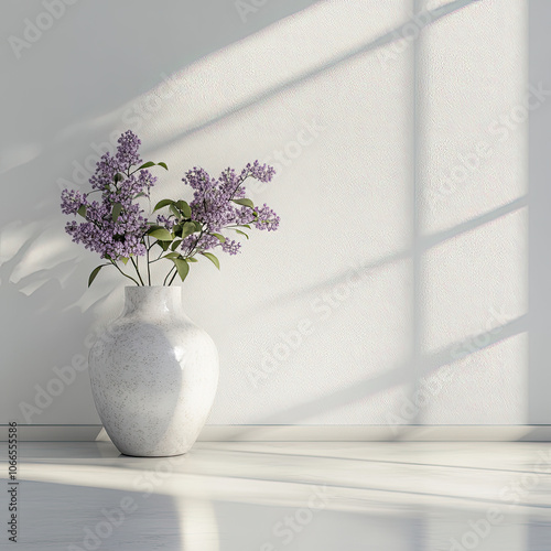 Lilac branches in a vase on the floor in the sunlight from the window, isolated on a white background. Stylish composition for interior decor, illustration, creative template for a postcard, print on 