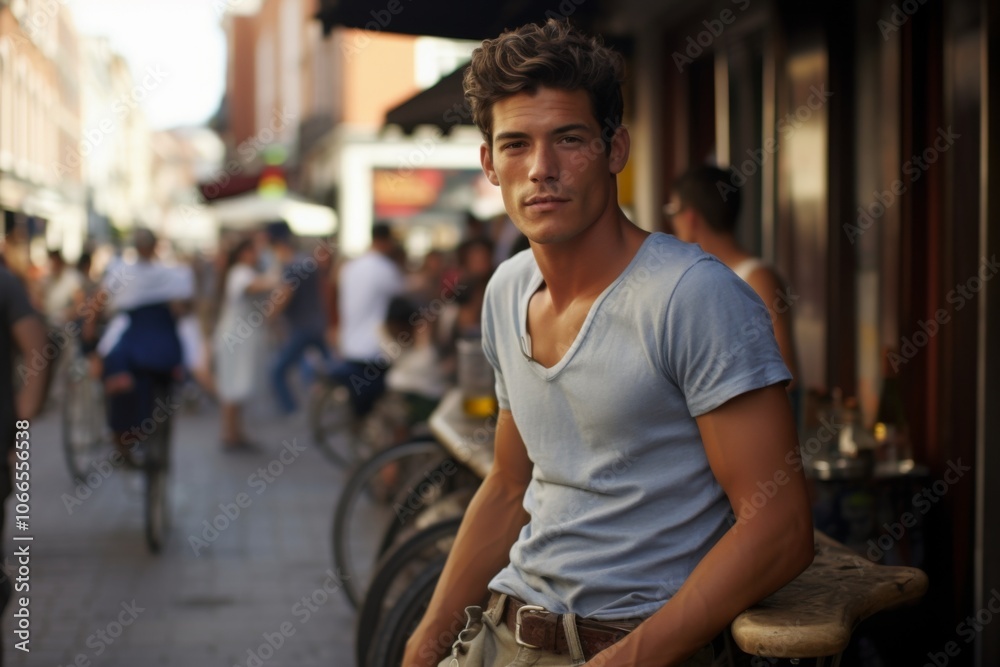 A man in a blue shirt is sitting on a bench in a busy street A man in a blue shirt is sitting on a bench in a busy street