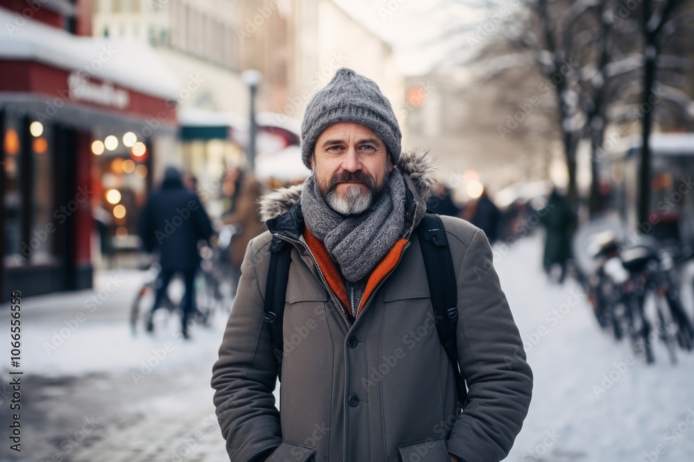 A man wearing a gray coat and a gray hat stands in the snow A man wearing a gray coat and a gray hat stands in the snow