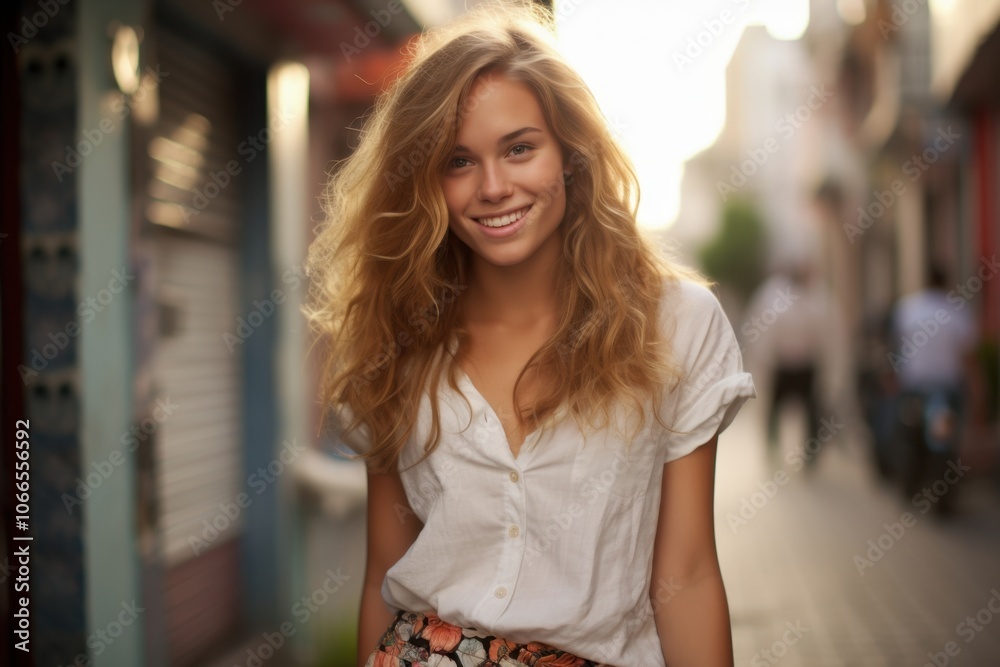 A woman with long blonde hair is smiling and standing on a sidewalk A woman with long blonde hair is smiling and standing on a sidewalk
