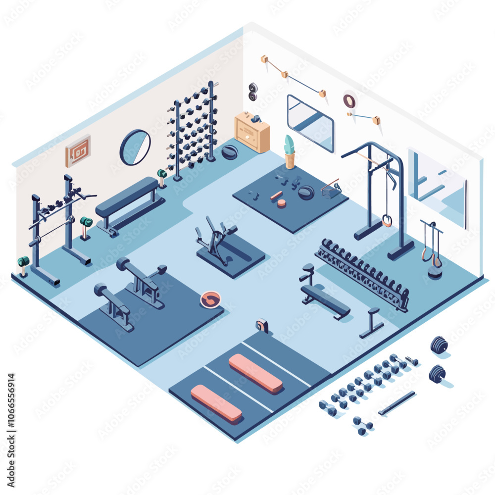 Obraz premium Fitness center isometric composition with gym equipment and equipment vector illustration 