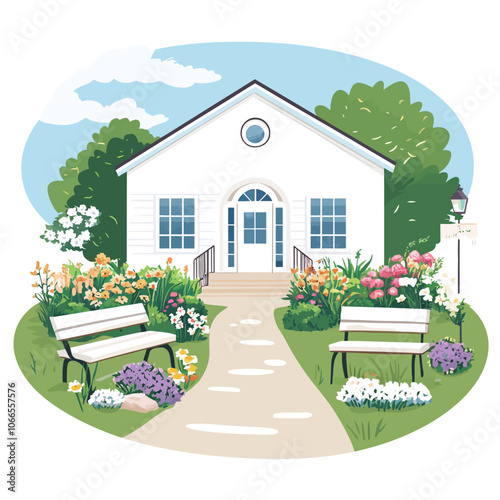 Flower garden with bench in front of the house. Vector illustration. 