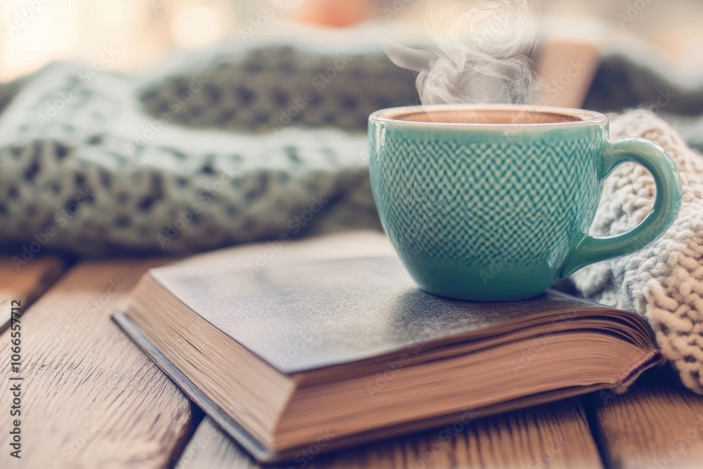 Steaming Cup of Coffee on a Book with a Cozy Blanket Steaming Cup of Coffee on a Book with a Cozy Blanket
