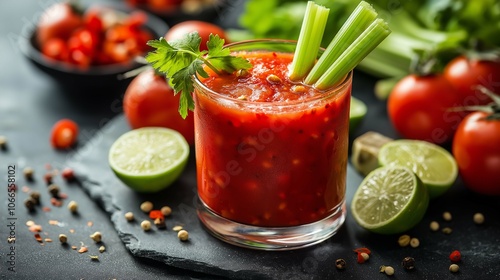 Fresh Spicy Beverage with Celery and Lime Slices photo