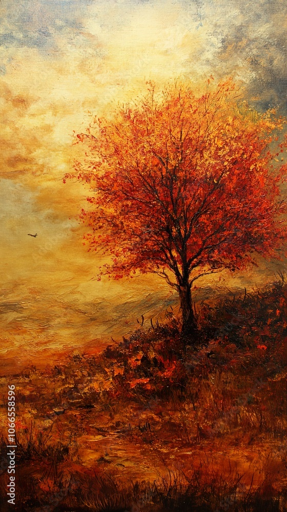 Autumn Landscape with Single Tree Silhouette and Golden Sunset Sky Autumn Landscape with Single Tree Silhouette and Golden Sunset Sky