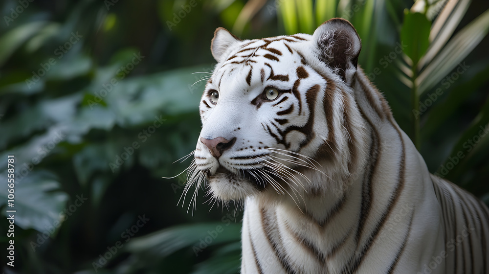 Fototapeta premium majestic white tiger gazes thoughtfully amidst lush jungle foliage