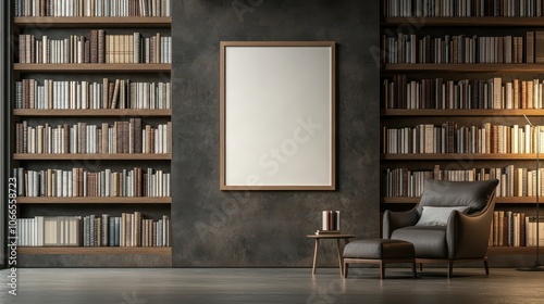 Modern Minimalist Home Library: Vertical Poster Mockup in Natural Wood Frame, Neutral-Toned Accent Wall, Bookshelves, Armchair, and Side Table for Relaxed Focus.