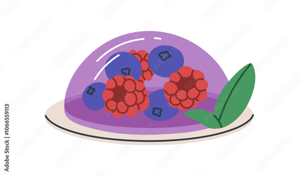 Naklejka premium Berry jelly dessert on plate. Sweet dome-shaped gelatin snack with blueberries and raspberries. Fresh juicy gel treat. Cool transparent food. Flat vector illustration isolated on white background