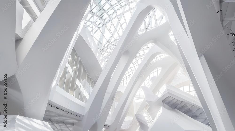 Obraz premium White Abstract Geometric Architecture - a captivating and modern indoor scene. The geometric shapes create an engaging and stylish atmosphere.