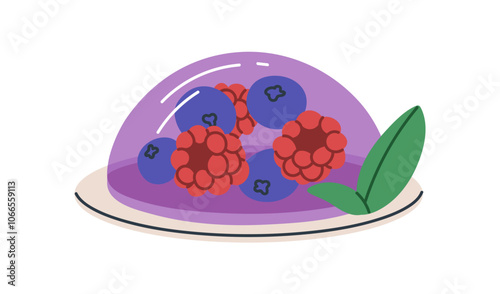 Berry jelly dessert on plate. Sweet dome-shaped gelatin snack with blueberries and raspberries. Fresh juicy gel treat. Cool transparent food. Flat vector illustration isolated on white background