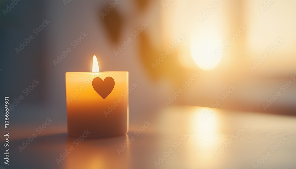 A warm candle with a heart-shaped cutout glows softly in the light, creating a serene atmosphere. A warm candle with a heart-shaped cutout glows softly in the light, creating a serene atmosphere.