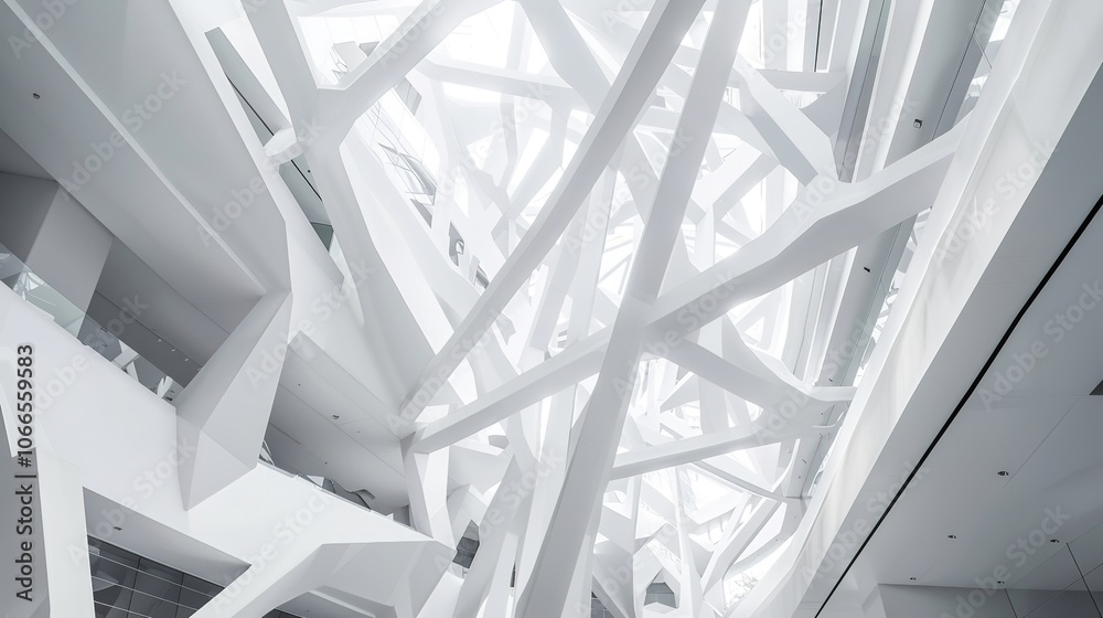 Obraz premium White Abstract Geometric Architecture - a captivating and modern indoor scene. The geometric shapes create an engaging and stylish atmosphere.