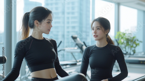 Free Download Two women in modern gym wearing black athletic wear, engaged in conversation. bright, spacious environment features exercise equipment and large windows with city view - GFXLoad