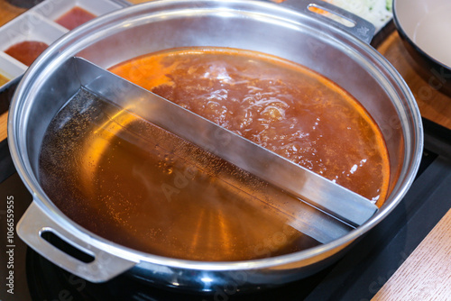 Korean style Shabu Shabu. Two types of broth. Mild and spicy taste