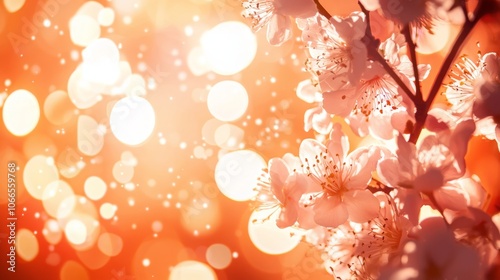 A soft focus image of blooming cherry blossoms against a warm, glowing background, evoking feelings of spring and tranquility.