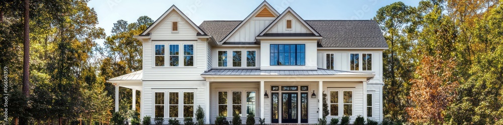Georgia two-story home with white siding, ochre trim, and sapphire windows. Georgia two-story home with white siding, ochre trim, and sapphire windows.