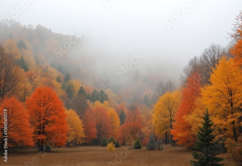 Serene autumn landscape featuring vibrant orange and yellow trees, with soft mist enveloping scene, creating tranquil atmosphere
