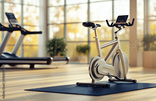 A home gym with an exercise bike and treadmill in the background, modern interior design photo