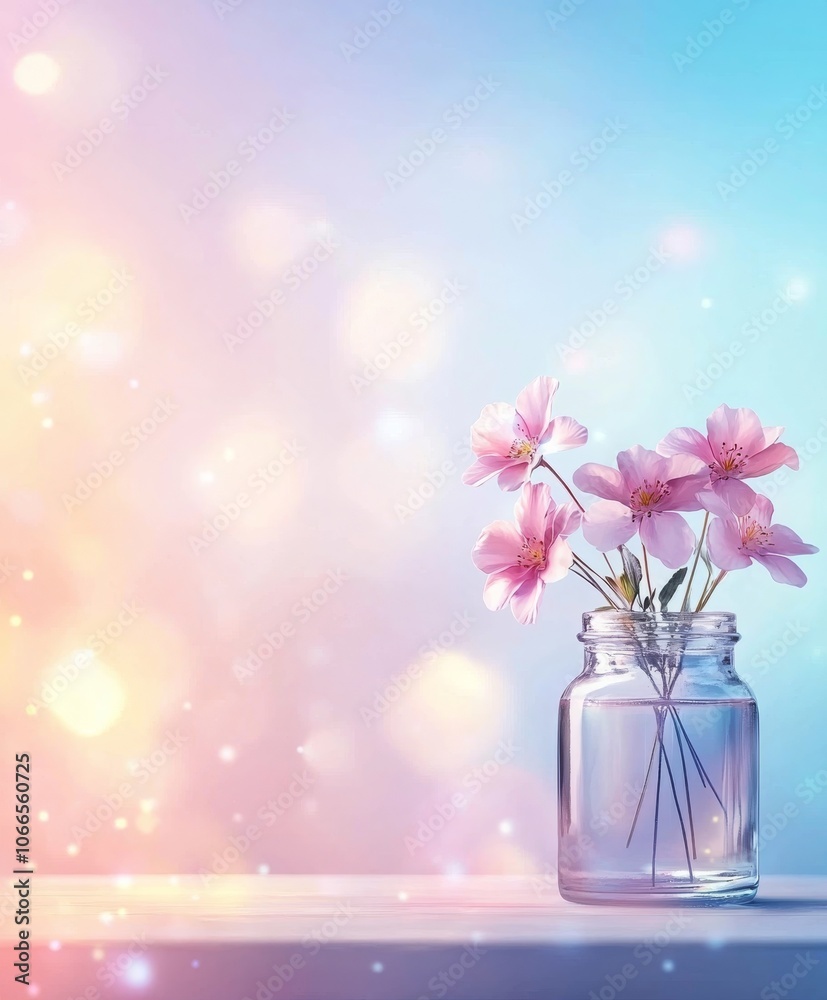 A tranquil arrangement of pink flowers in a clear jar, set against a softly blurred background with pastel colors and luminous bokeh effects. A tranquil arrangement of pink flowers in a clear jar, set against a softly blurred background with pastel colors and luminous bokeh effects.