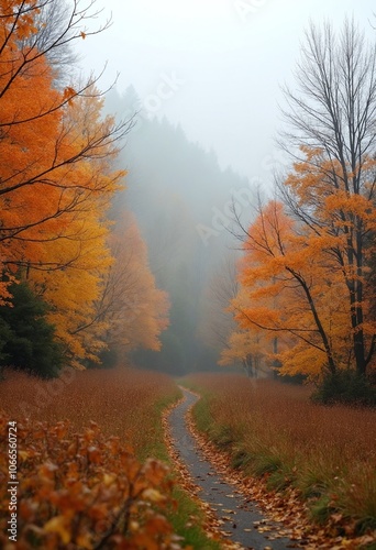 Serene autumn landscape featuring vibrant orange and yellow trees, with soft mist enveloping scene, creating tranquil atmosphere