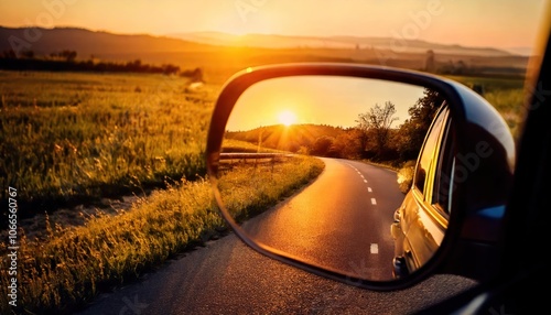 Countryside road seen in a car rearview mirror at sunset 