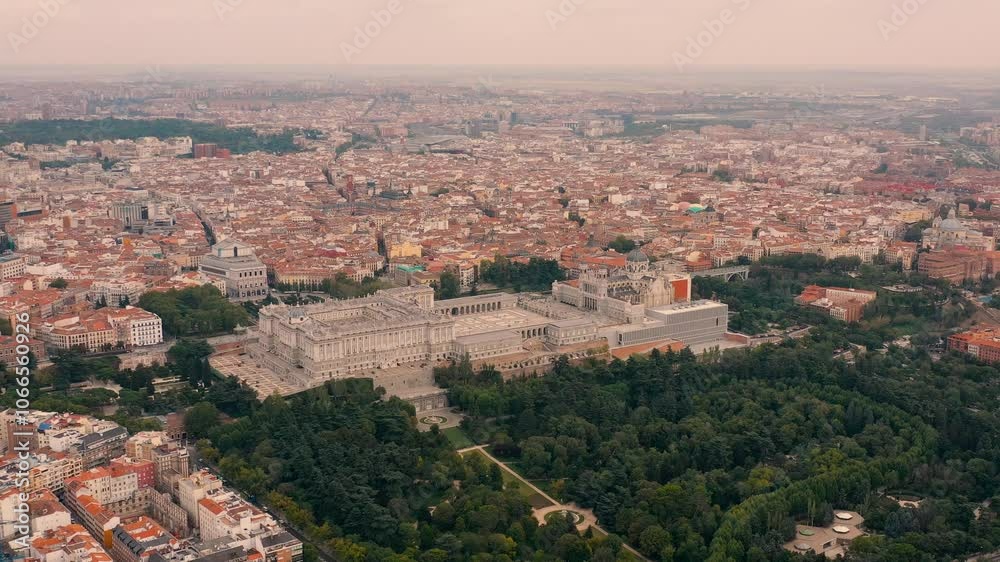 MADRID, SPAIN - OCTOBER 28, 2024: Aerial view of the Royal Palace and city skyline showcasing urban beauty and architectural landmarks MADRID, SPAIN - OCTOBER 28, 2024: Aerial view of the Royal Palace and city skyline showcasing urban beauty and architectural landmarks